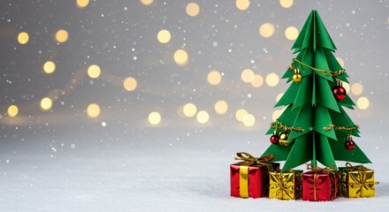 Obraz premium Festive Paper Christmas Tree with Gifts Snow Background Holiday Season Decorations