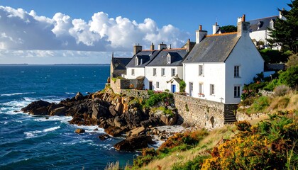 Picturesque white coastal houses stand on rocky cliffs overlooking a vibrant blue ocean under a partly cloudy sky.