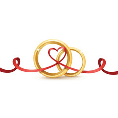 Naklejka premium Two intertwined gold wedding rings with a red ribbon forming a heart shape on a white background, symbolizing love and unity in a simple, iconic graphic design.