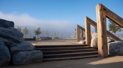 Naklejka premium Dynamic Exercise Park with Climbing Structures Under Clear Blue Sky and Morning Mist