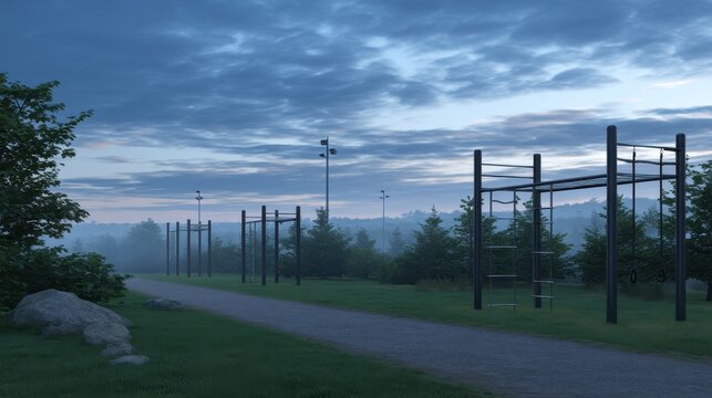 Dynamic Exercise Area in Park Featuring Climbing Structures at Dawn with Soft Lighting