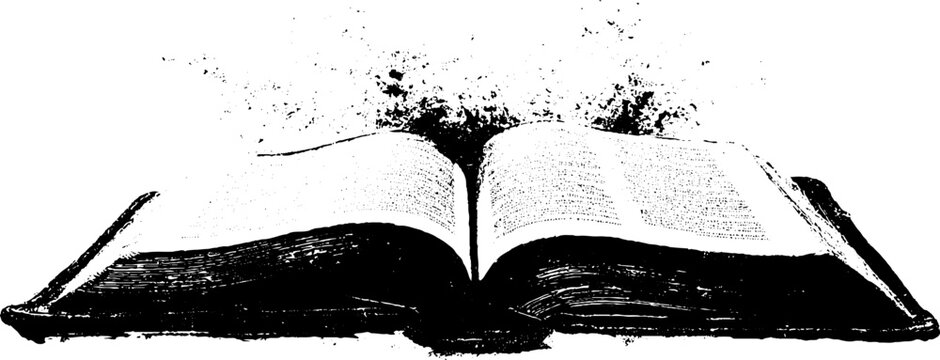 Vintage black and white stencil illustration of an open prayer book for spiritual design