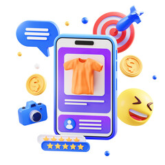 Orange T Shirt Displayed On Mobile Phone Screen Surrounded By E Commerce Icons Including Target Coins Camera And Rating Stars In A Transparent Background