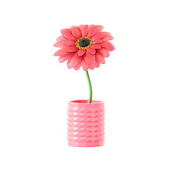 Single Pink Gerbera Daisy Flower in a Pink Textured Geometric Vase on a Transparent Background
