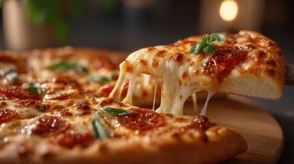 Delicious Fresh Pizza Slice Being Pulled Away with Melted Cheese and Tasty Toppings