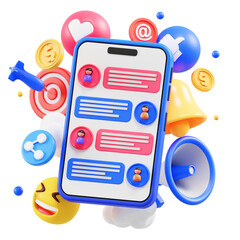 Smartphone Displaying Social Media Messages Surrounded by Icons Including Thumbs Up Like Button Heart Bell and Target Symbol in 3D Illustration