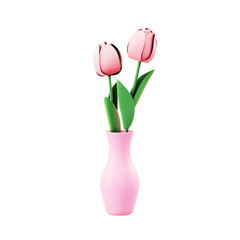 Two delicate pink tulips in a light pink vase with green leaves on a transparent background rendered in 3d