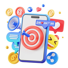 Social Media Marketing Target Achievement With Smartphone And Icons Like Like Megaphone Share And Coins On Transparent Background