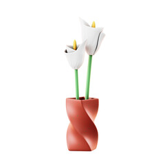 Two White Tulips With Green Stems In A Twisted Red Vase With A Transparent Background Studio Lighting Detailed 3D Render