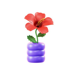 Vibrant Red Hibiscus Flower in a Stacked Purple Planter with Green Leaves and Yellow Pollen Against a Transparent Background