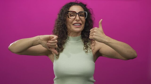 Young hispanic woman smiling with eyes closed showing thumbs up and thumbs down in pink studio; ambivalence.