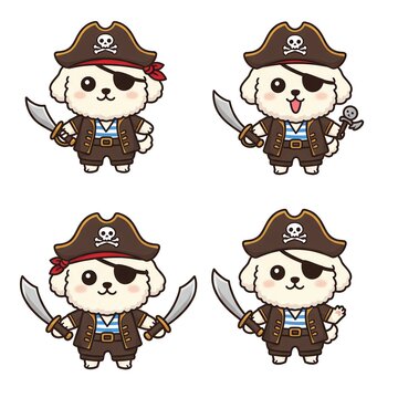Four cartoon bichons dressed as pirates