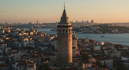 Fototapeta premium Galata Tower Istanbul Sunset View Historic Landmark Turkey Travel Photography Golden Hour