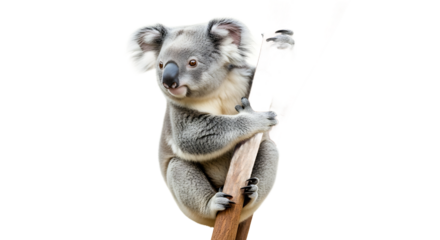 Playful Koala Climbing Tree in Nature, Animal Photography, Bright Environment, Close-Up View