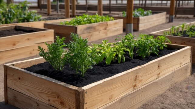 Vibrant Community Garden with Neatly Arranged Compost Bins and Fresh Vegetables Growing - Powered by Adobe