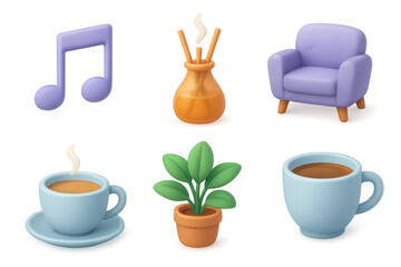 3D Ambiance Icons. Ambiance icons in 3D color style: soft lighting, background music note, scent diffuser, seating area, coffee cup, decorative plant.