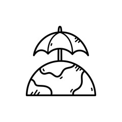 Stylized Outline Of A Globe Protected By An Open Umbrella In A Simple Black And White Illustration With A Transparent Background Representing Global Protection And Care