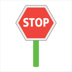 Red octagonal stop sign with bold white text on a green post.