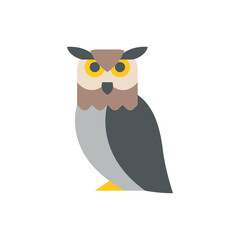 Stylized Tawny Owl With Yellow Eyes and Gray and Brown Feathers Standing With Yellow Feet Against A White Background
