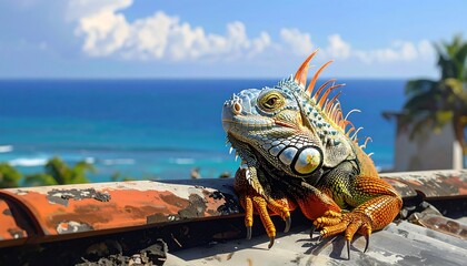 Vibrant iguana basking on a weathered rooftop overlooking a turquoise ocean.