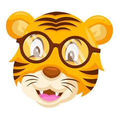 Cartoon Tiger Face Wearing Glasses With Transparent Background And Happy Expression