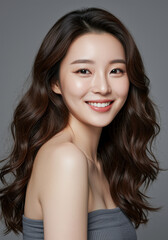 Obraz premium Elegant Portrait of a Smiling Woman: A close-up studio portrait of a woman, emanating confidence with a radiant smile, showcasing her natural beauty and healthy complexion.