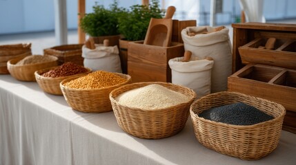 Fototapeta premium Aerial View of Farmers Market Stall Showcasing Various Baskets of Fresh Ingredients