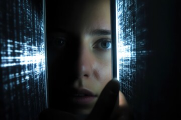 A person looks through a narrow gap, illuminated by bright light, casting dramatic shadows. The expression suggests curiosity or contemplation. The scene is dark, with focus on the face