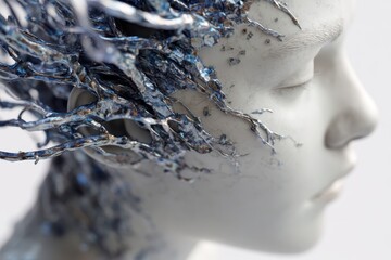 Abstract sculpture of a serene face with closed eyes, adorned with intricate, flowing metallic blue strands resembling organic branches, creating a sense of ethereal elegance and calmness