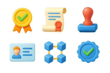 3D Verification Icons. Verification Systems set of icons in 3D color style: checkmark badge, certificate scroll, approval stamp, identity card,