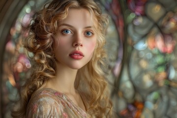 Fototapeta premium Blonde woman with curly hair and blue eyes gazes into the camera, set against a colorful, intricate stained glass background. She wears a floral dress that complements her soft expression