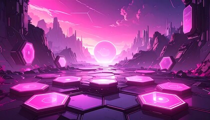 A futuristic landscape, bathed in vibrant pinks and purples, showcases a pathway of hexagonal structures.
