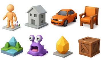 3D Digital Asset Icons. Digital assets icons in 3D color style: character model, architectural model, vehicle render, furniture piece, environment