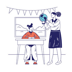 Teacher Shows Student A Globe In A Classroom With Festive Decorations Overhead And Mountains In The Background On A Transparent White Canvas