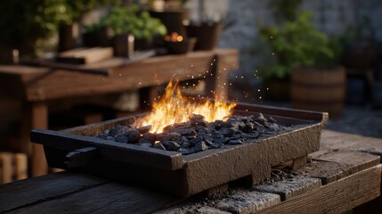 Authentic Blacksmith Demonstration with Glowing Coal in Workshop Setting