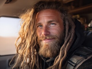 Bearded man with long, wavy hair, wearing a hooded jacket, smiles warmly inside a vehicle. Natural lighting highlights his blue eyes and sun-kissed skin, creating a relaxed ambiance