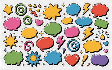 A vibrant collection of colorful retro comic book style speech bubbles, stars, and graphic elements.