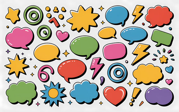 A vibrant collection of colorful retro comic book style speech bubbles, stars, and graphic elements.