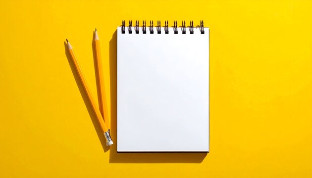 A spiral-bound notebook with yellow pencils sits on a bright yellow surface, showcasing a clean and simple composition.