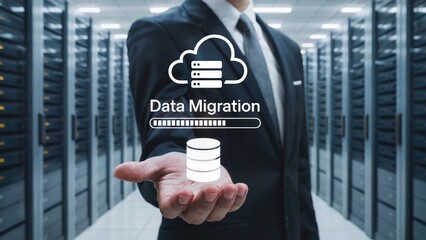Effortless data migration with secure cloud solutions in a high tech server room for modern business needs