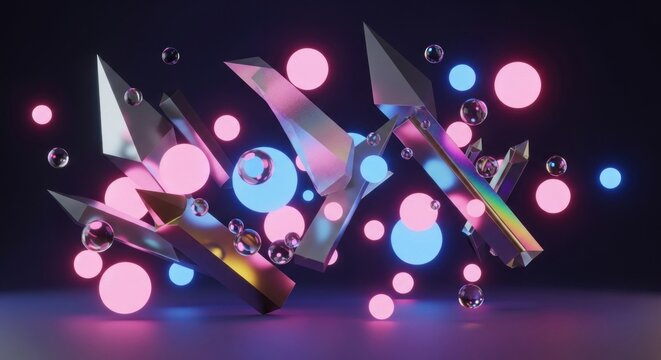 Abstract composition features reflective crystalline structures and luminous glowing spheres in shades of pink and blue, creating a vibrant and futuristic scene against a dark background, with...