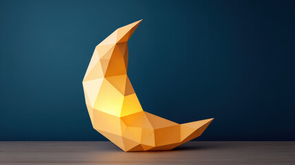 A geometric lamp shaped like a crescent moon, glowing warmly against a dark blue wall, highlighting modern design aesthetics.