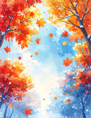 初冬の空に舞う紅葉と初雪の静けさのある風景イメージ