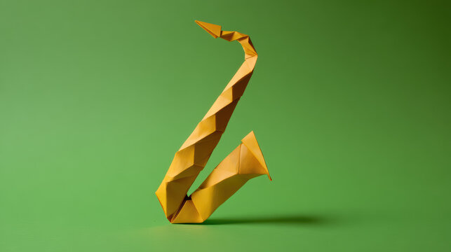 A vibrant yellow origami saxophone against a green background, showcasing intricate folds and artistic design.