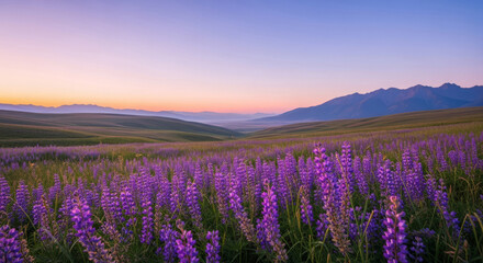Obraz premium Vibrant Purple Lupine Field at Sunrise with Distant Mountains and Hazy Horizon.