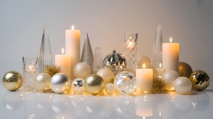 Elegant Christmas Table Setting with Gold Ornaments, White Candles, and Glass Baubles on Reflective Surface.