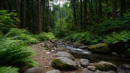 Fototapeta premium Serene Cascading Brook Flowing Through Rocks in a Hidden Forest Landscape