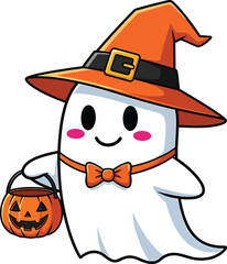 Cute cartoon ghost wearing a witch hat holding a pumpkin candy bucket © kaziashabul24