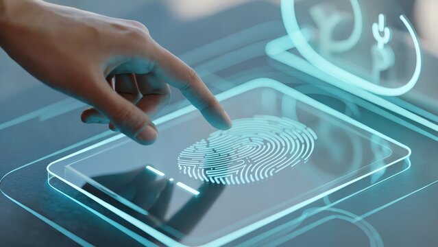 Secure your tech with stunning fingerprint scan on futuristic screen for modern cybersecurity solutions