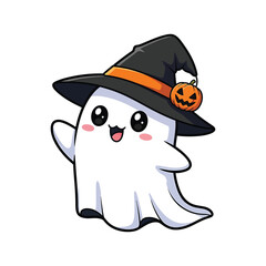 Cute cartoon ghost wearing a witch hat with a small pumpkin detail